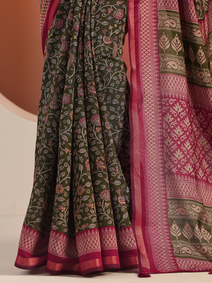 Green Printed Cotton Blend Saree With Unstitched Blouse Piece