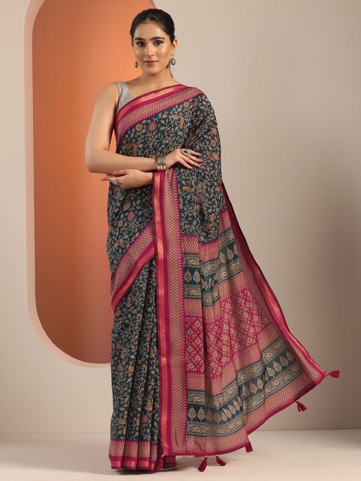 Teal Printed Cotton Blend Saree With Unstitched Blouse Piece