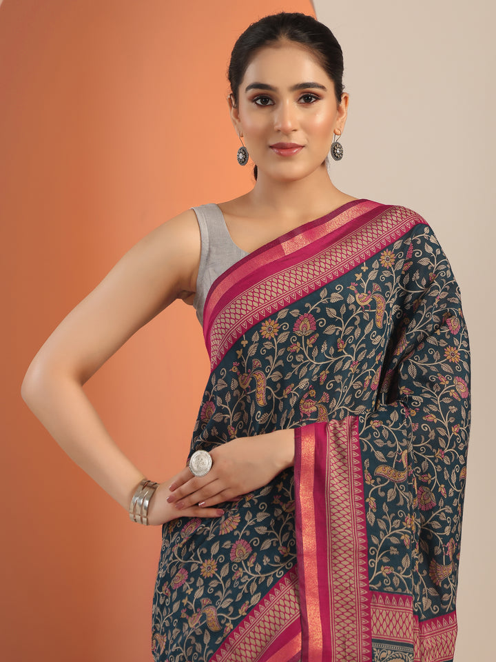 Teal Printed Cotton Blend Saree With Unstitched Blouse Piece