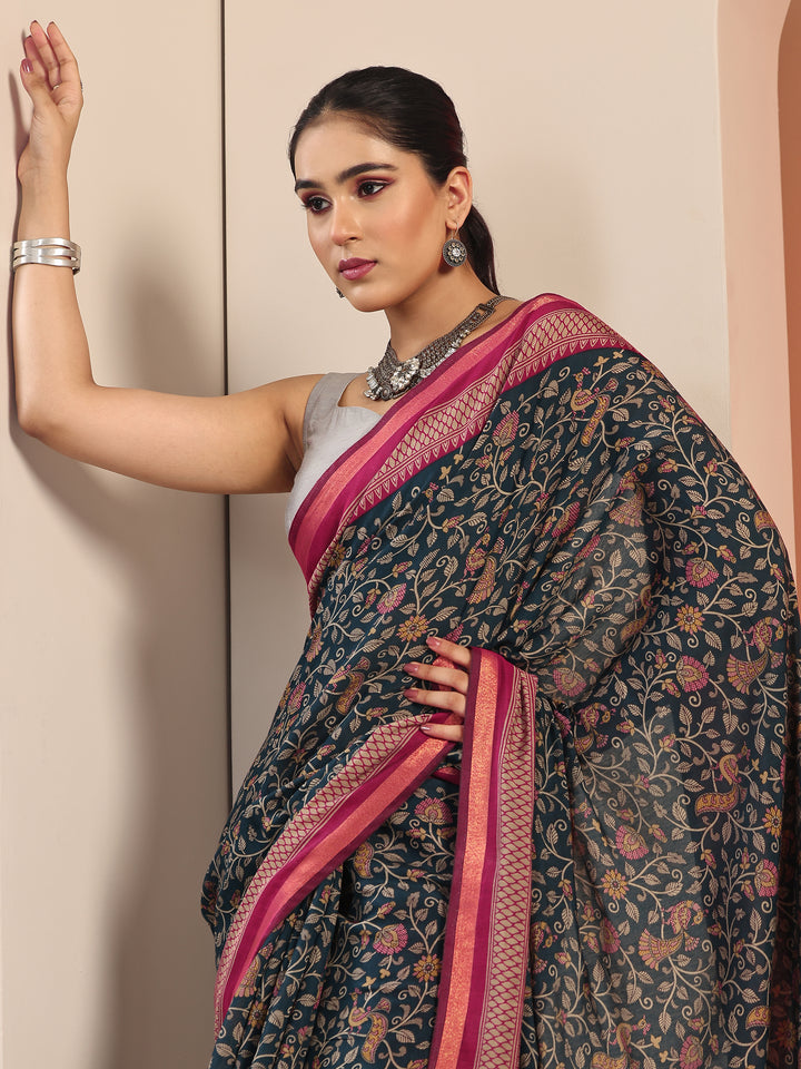 Teal Printed Cotton Blend Saree With Unstitched Blouse Piece