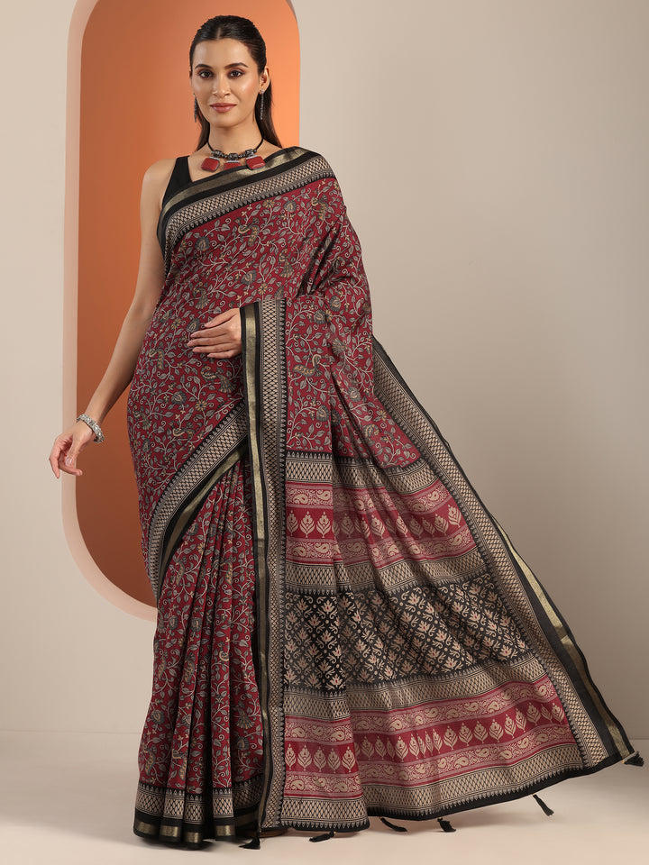 Red Printed Cotton Blend Saree With Unstitched Blouse Piece