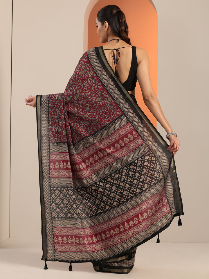 Red Printed Cotton Blend Saree With Unstitched Blouse Piece