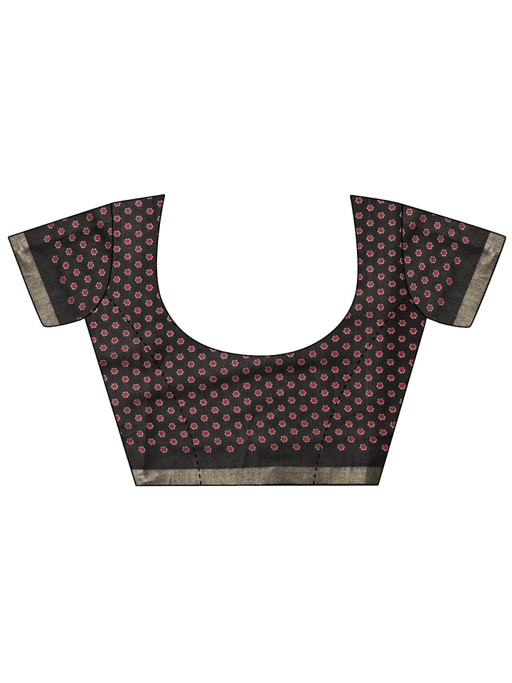 Red Printed Cotton Blend Saree With Unstitched Blouse Piece