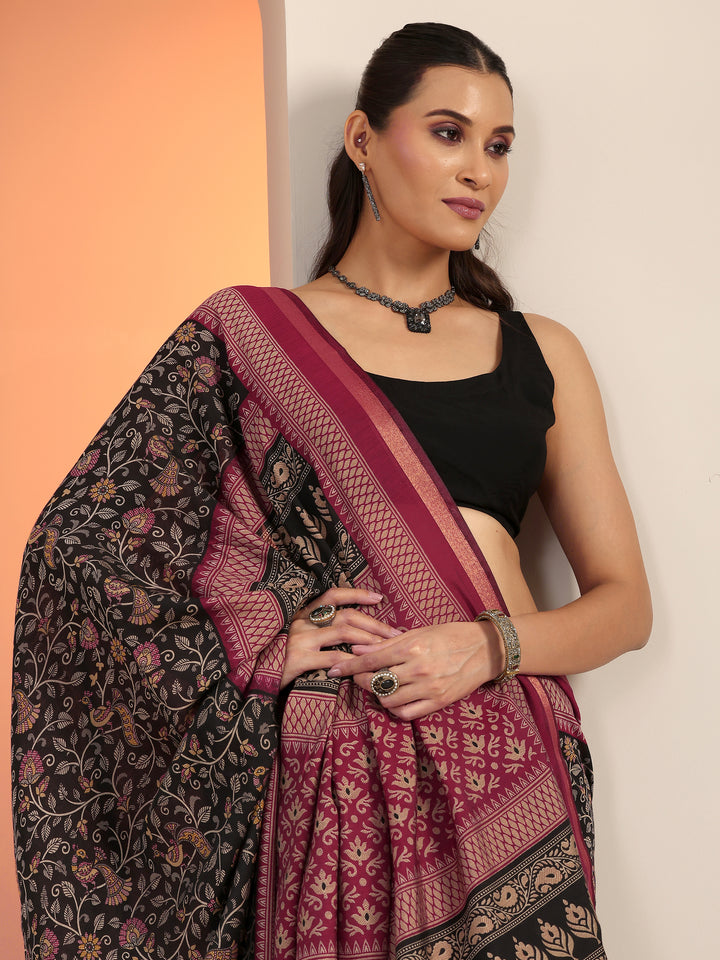 Black Printed Cotton Blend Saree With Unstitched Blouse Piece