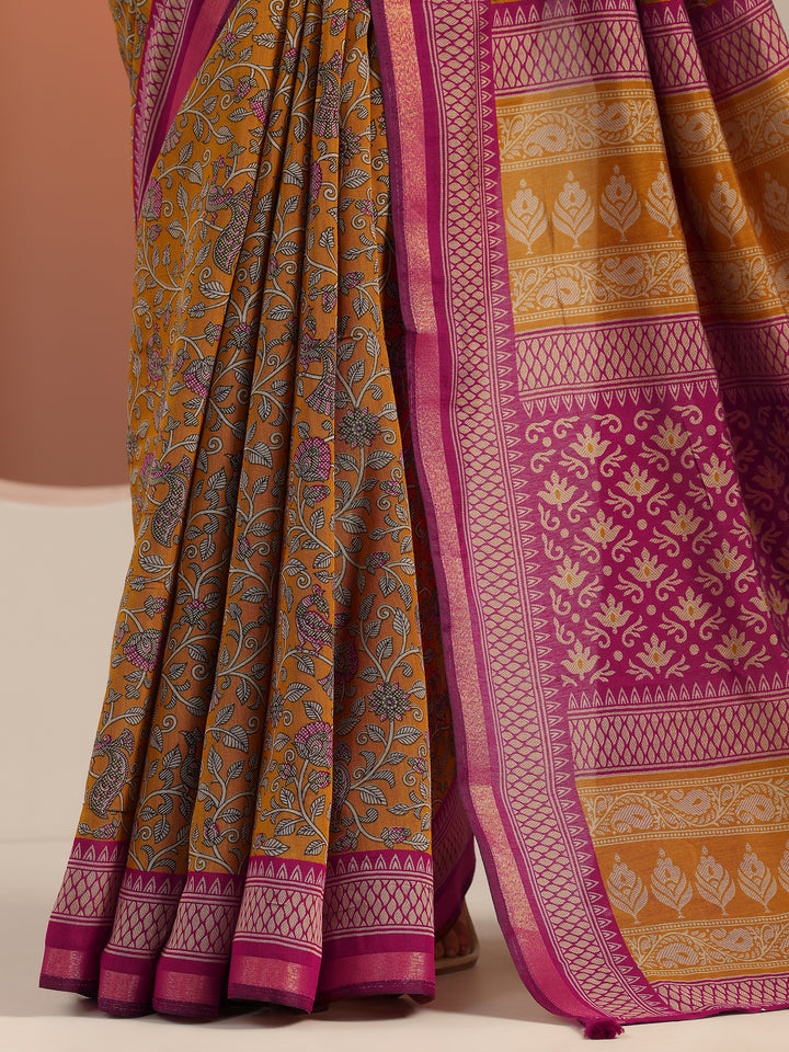 Mustard Printed Cotton Blend Saree With Unstitched Blouse Piece