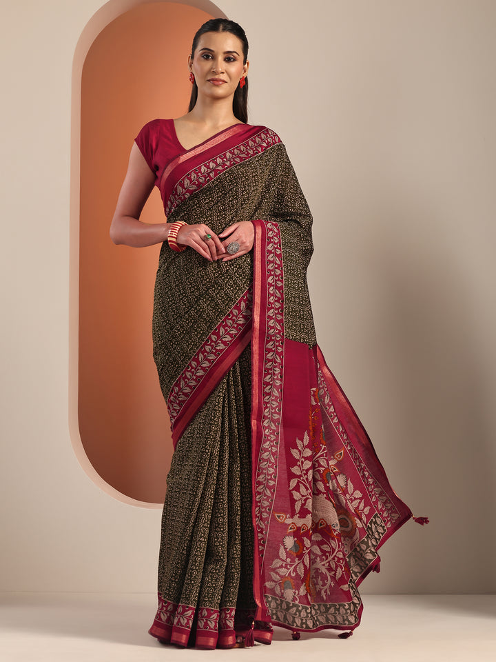 Green Printed Cotton Blend Saree With Unstitched Blouse Piece