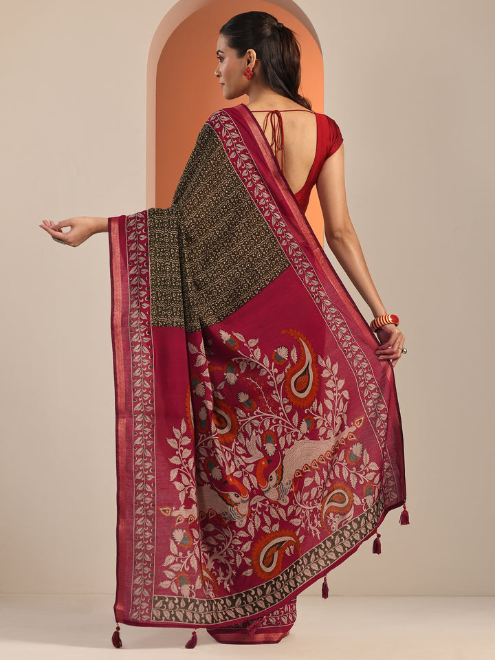 Green Printed Cotton Blend Saree With Unstitched Blouse Piece