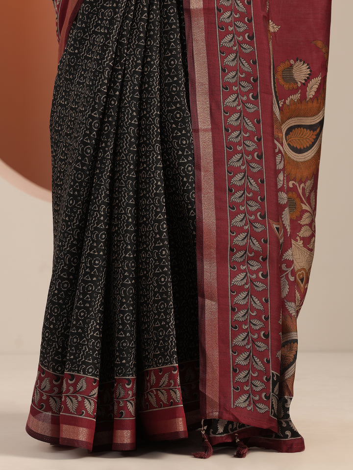 Black Printed Cotton Blend Saree With Unstitched Blouse Piece