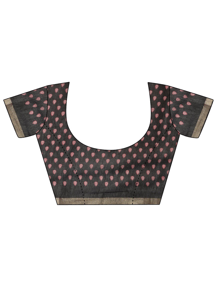 Red Printed Cotton Blend Saree With Unstitched Blouse Piece