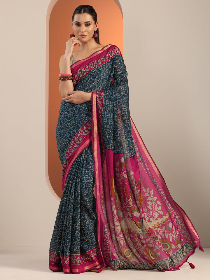 Teal Printed Cotton Blend Saree With Unstitched Blouse Piece
