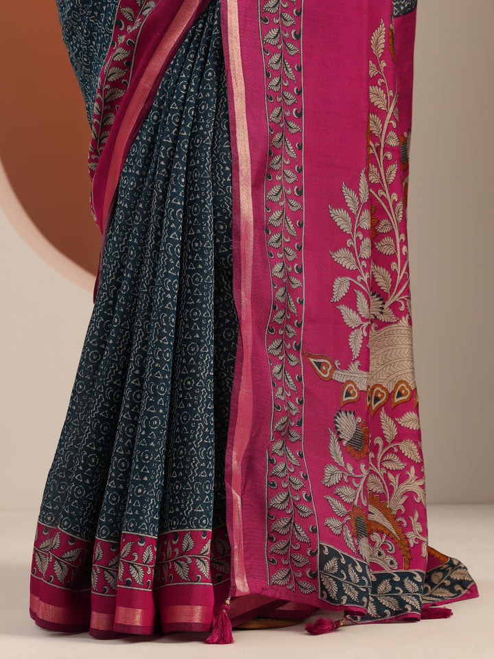 Teal Printed Cotton Blend Saree With Unstitched Blouse Piece