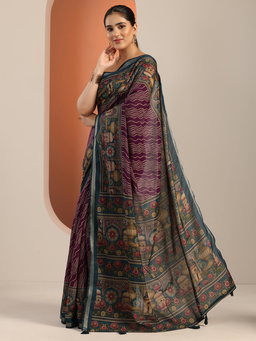 Purple Printed Cotton Blend Saree With Unstitched Blouse Piece