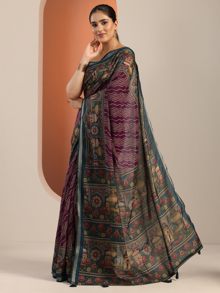 Purple Printed Cotton Blend Saree With Unstitched Blouse Piece