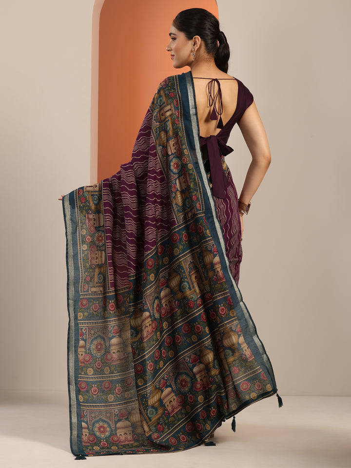 Purple Printed Cotton Blend Saree With Unstitched Blouse Piece