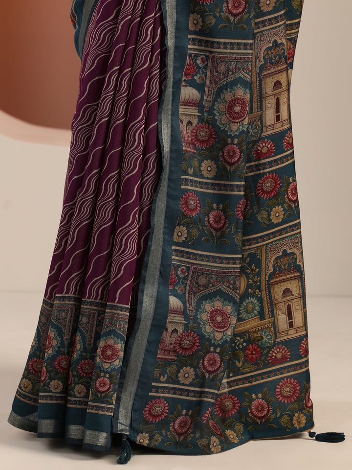 Purple Printed Cotton Blend Saree With Unstitched Blouse Piece
