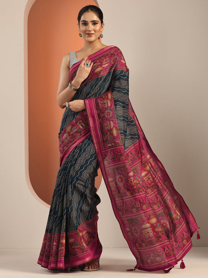 Teal Printed Cotton Blend Saree With Unstitched Blouse Piece
