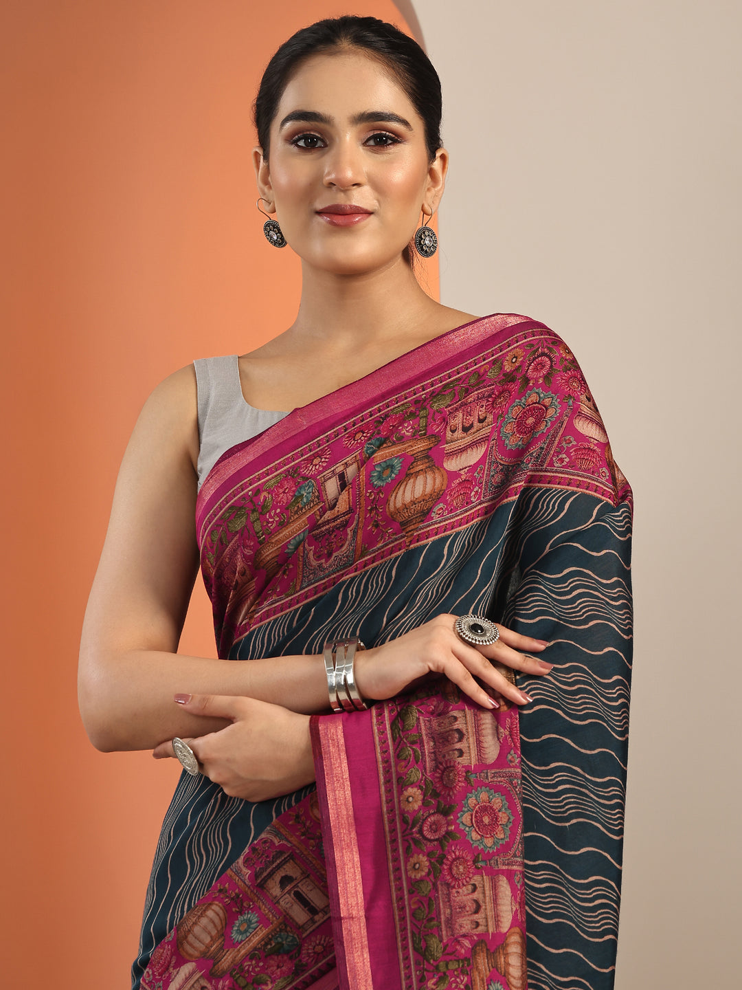 Teal Printed Cotton Blend Saree With Unstitched Blouse Piece