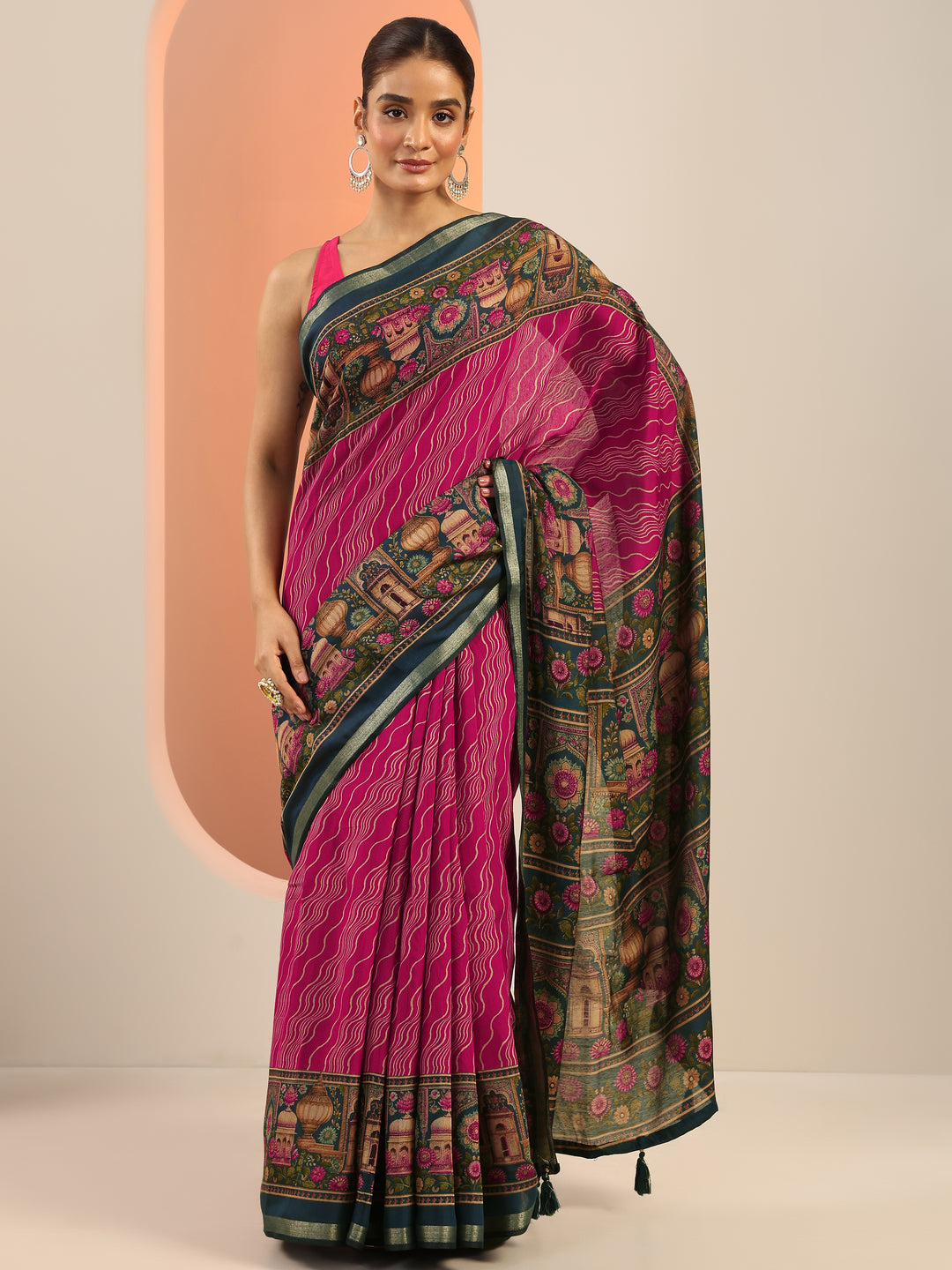 Pink Printed Cotton Saree With Unstitched Blouse Piece