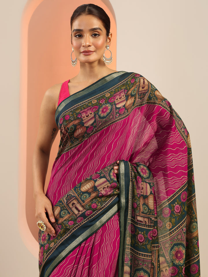 Pink Printed Cotton Saree With Unstitched Blouse Piece