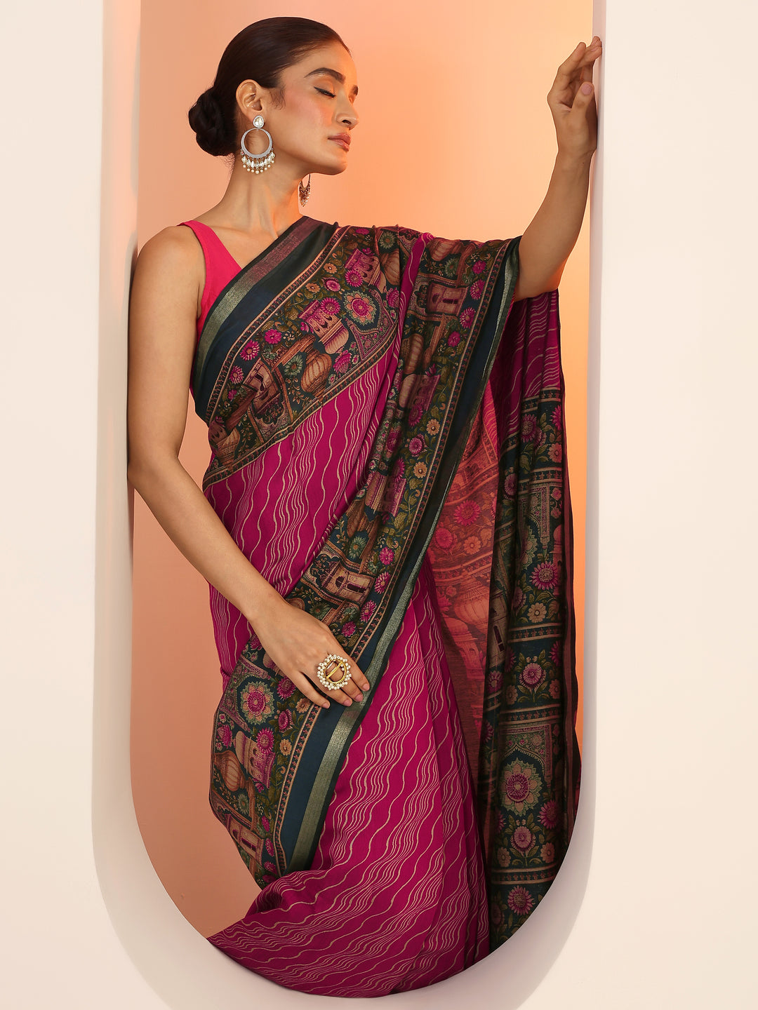 Pink Printed Cotton Saree With Unstitched Blouse Piece