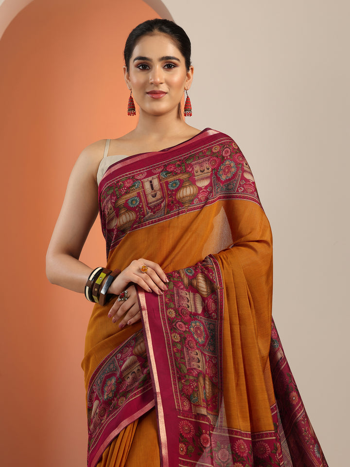 Mustard Solid Cotton Blend Saree With Unstitched Blouse Piece