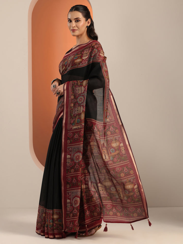 Black Solid Cotton Blend Saree With Unstitched Blouse Piece