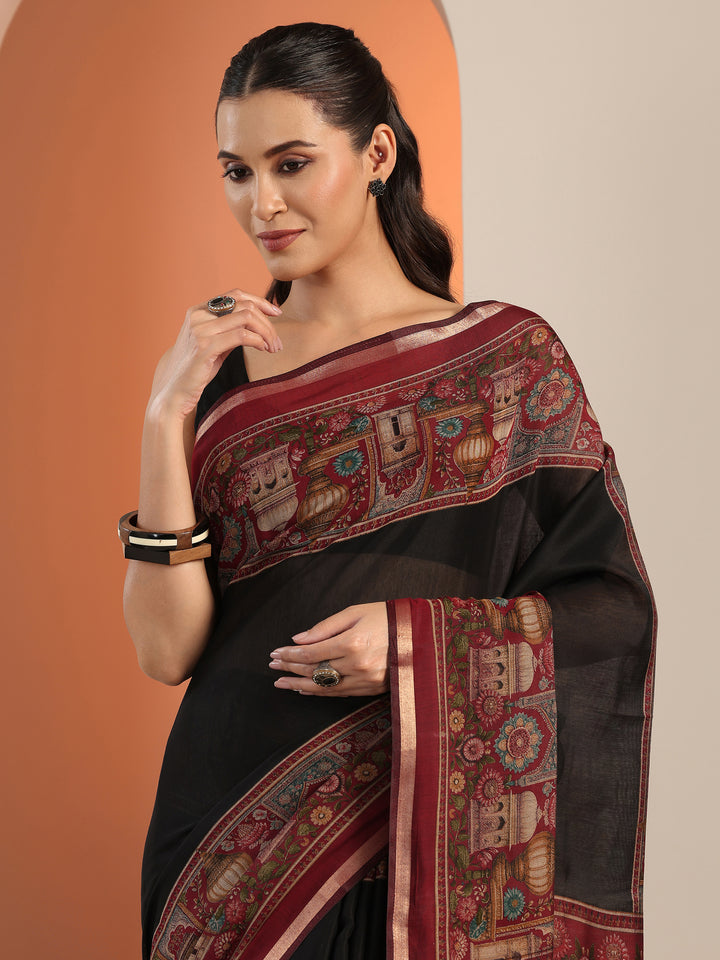 Black Solid Cotton Blend Saree With Unstitched Blouse Piece