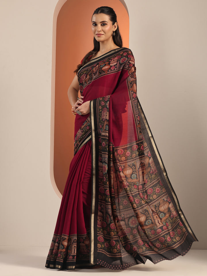 Maroon Solid Cotton Blend Saree With Unstitched Blouse Piece