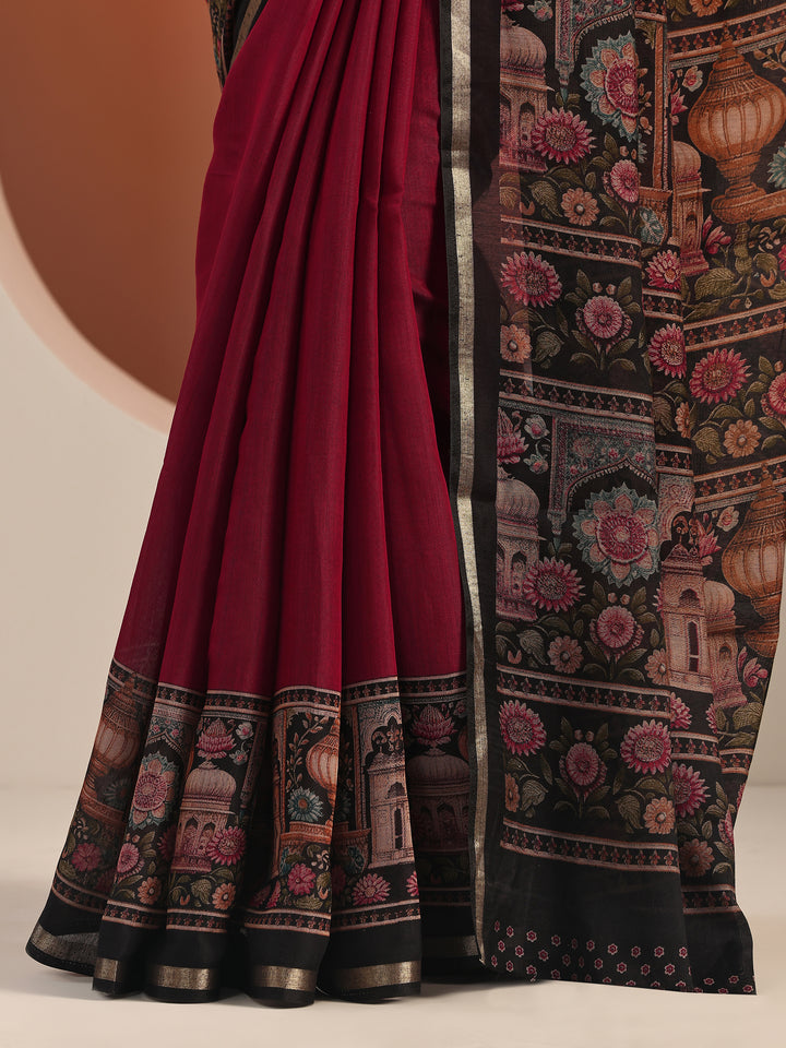 Maroon Solid Cotton Blend Saree With Unstitched Blouse Piece