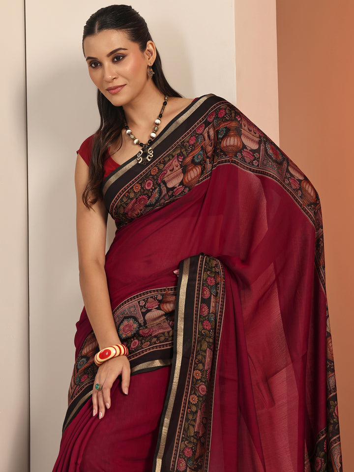 Maroon Solid Cotton Blend Saree With Unstitched Blouse Piece