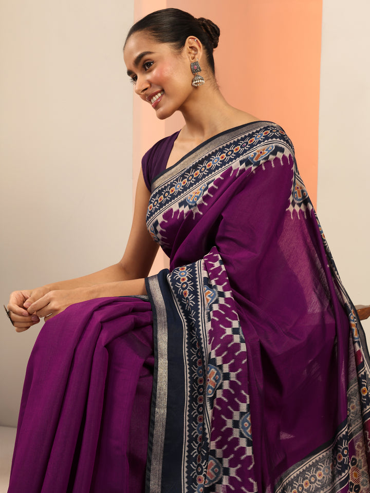 Purple Solid Cotton Saree With Unstitched Blouse Piece