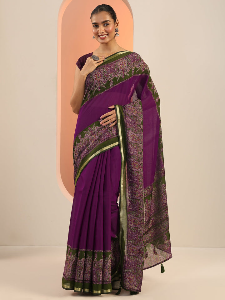 Purple Printed Cotton Saree With Unstitched Blouse Piece