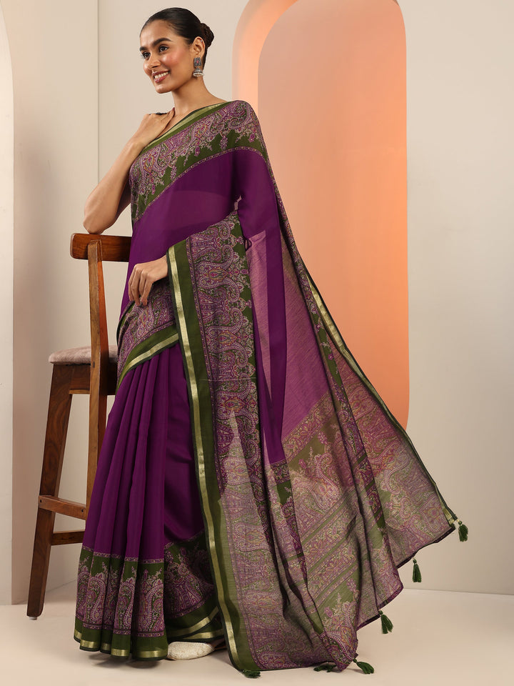 Purple Printed Cotton Saree With Unstitched Blouse Piece