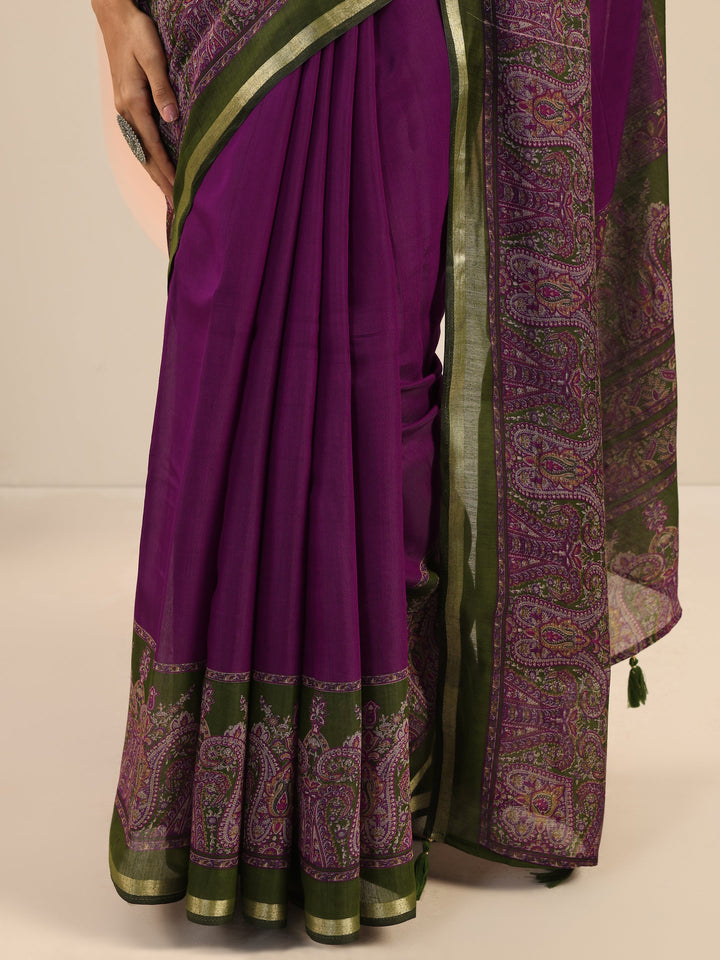 Purple Printed Cotton Saree With Unstitched Blouse Piece