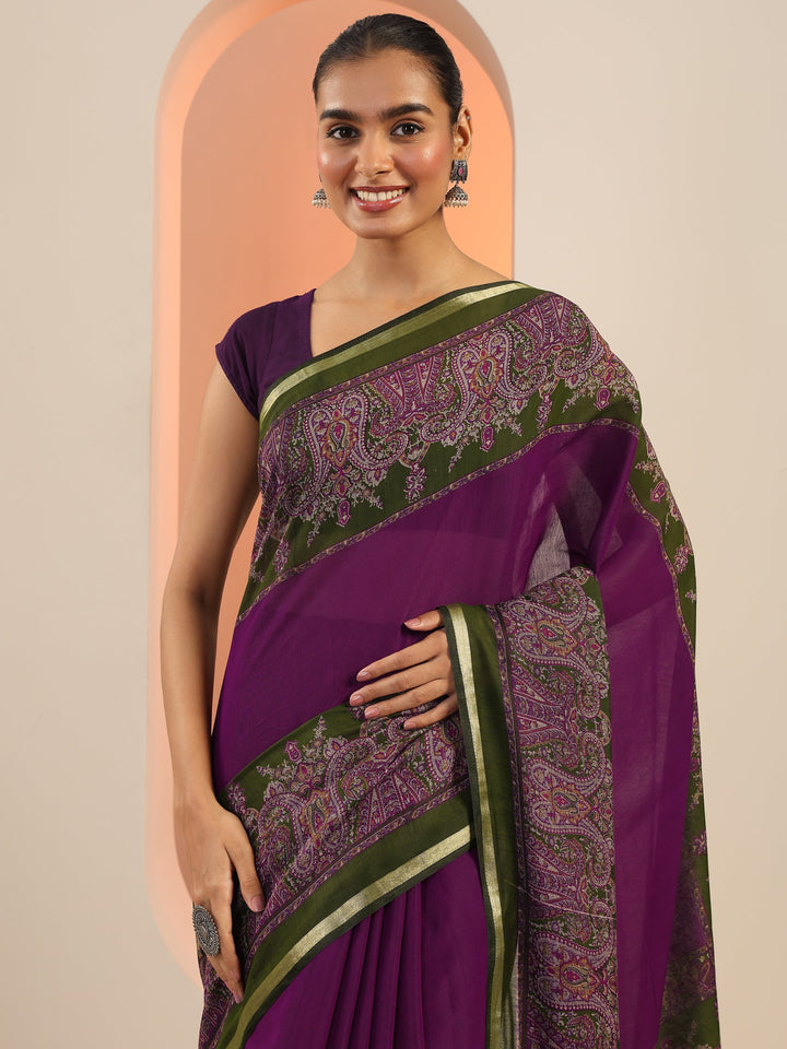 Purple Printed Cotton Saree With Unstitched Blouse Piece