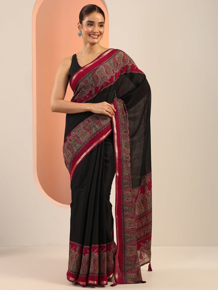 Black Printed Cotton Saree With Unstitched Blouse Piece