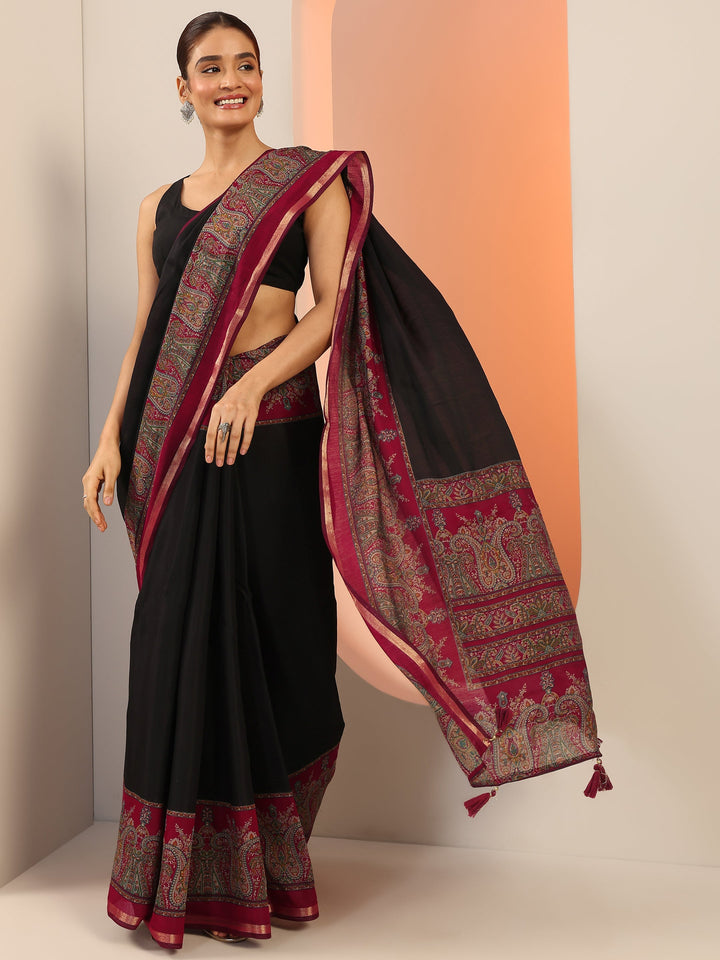 Black Printed Cotton Saree With Unstitched Blouse Piece