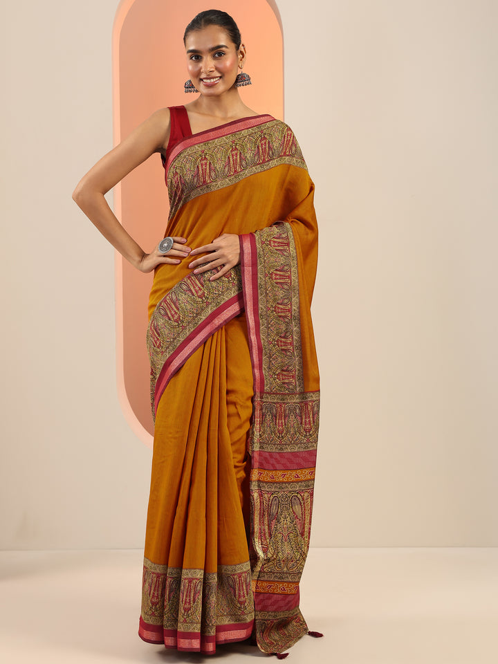 Mustard Solid Cotton Blend Saree With Unstitched Blouse Piece