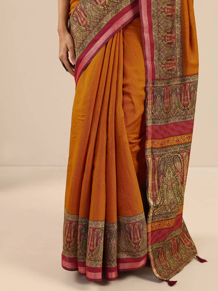Mustard Solid Cotton Saree With Unstitched Blouse Piece
