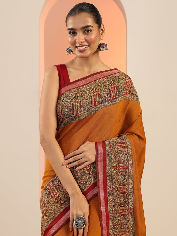Mustard Solid Cotton Blend Saree With Unstitched Blouse Piece