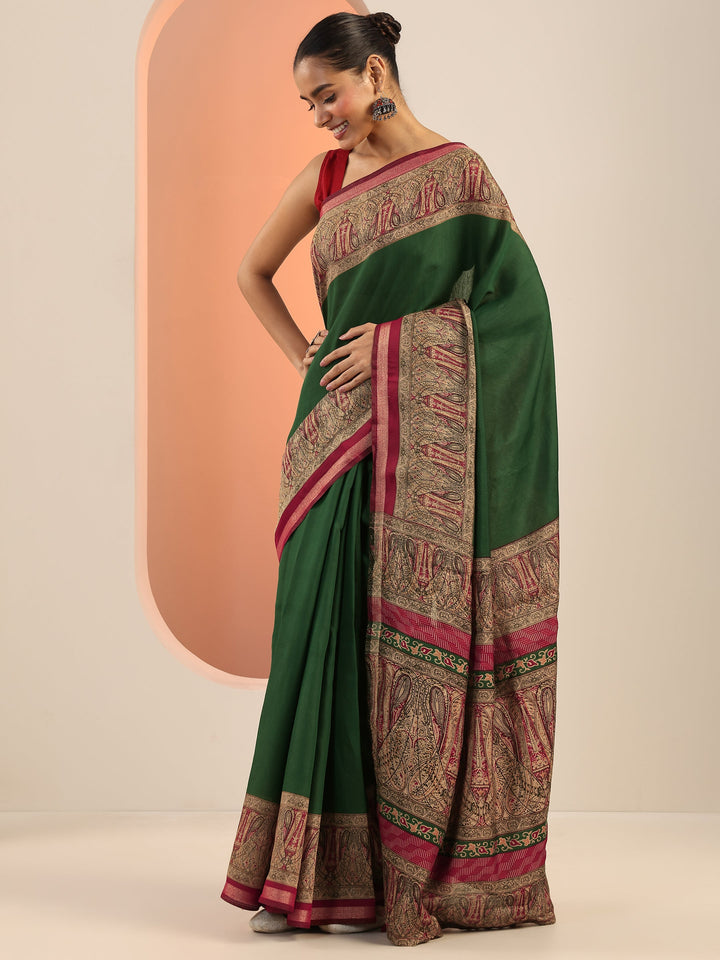 Green Printed Cotton Saree With Unstitched Blouse Piece