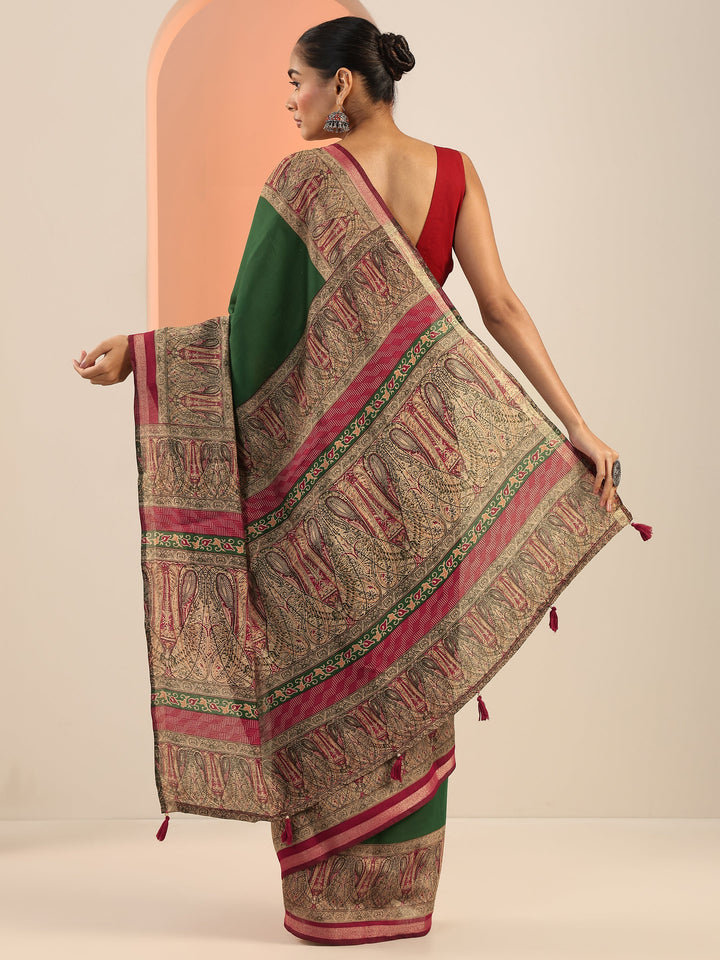 Green Printed Cotton Saree With Unstitched Blouse Piece
