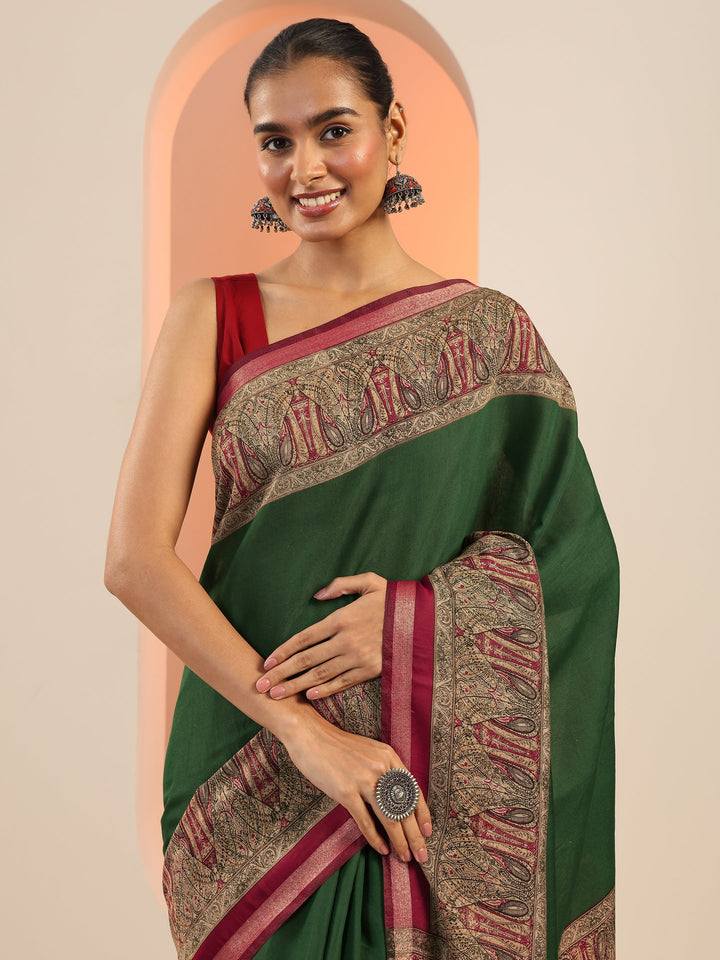 Green Printed Cotton Saree With Unstitched Blouse Piece