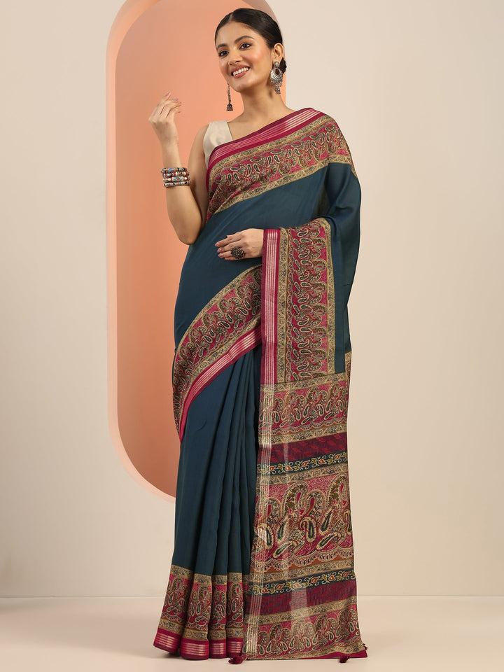 Teal Printed Cotton Blend Saree With Unstitched Blouse Piece