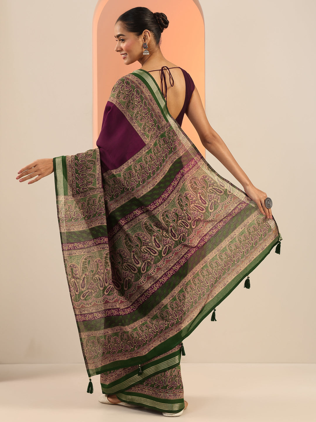 Burgundy Printed Cotton Saree With Unstitched Blouse Piece