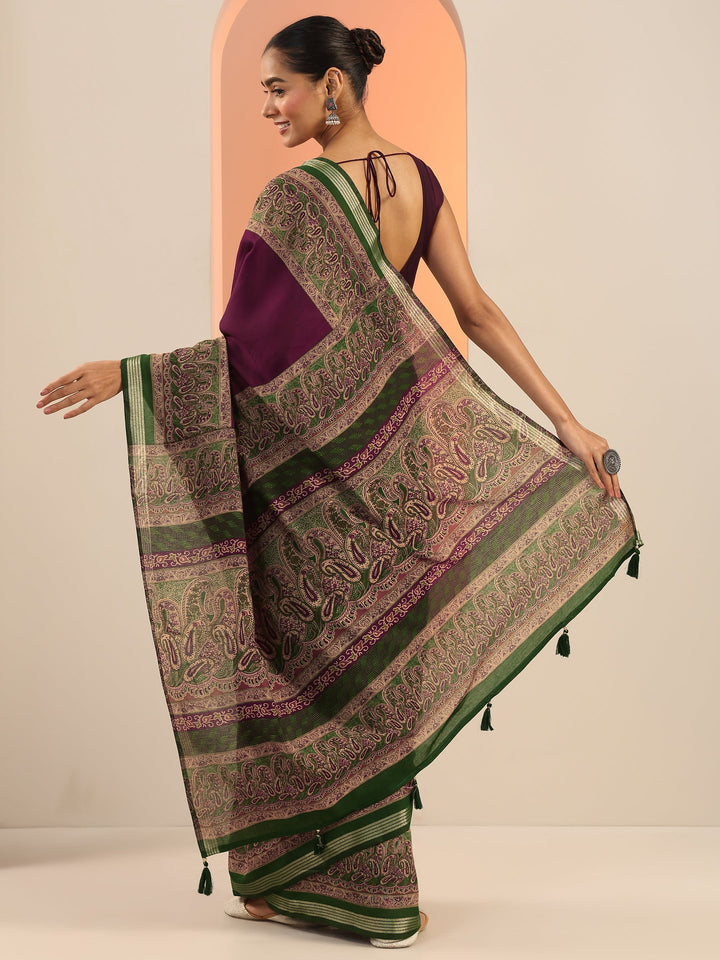 Burgundy Printed Cotton Saree With Unstitched Blouse Piece