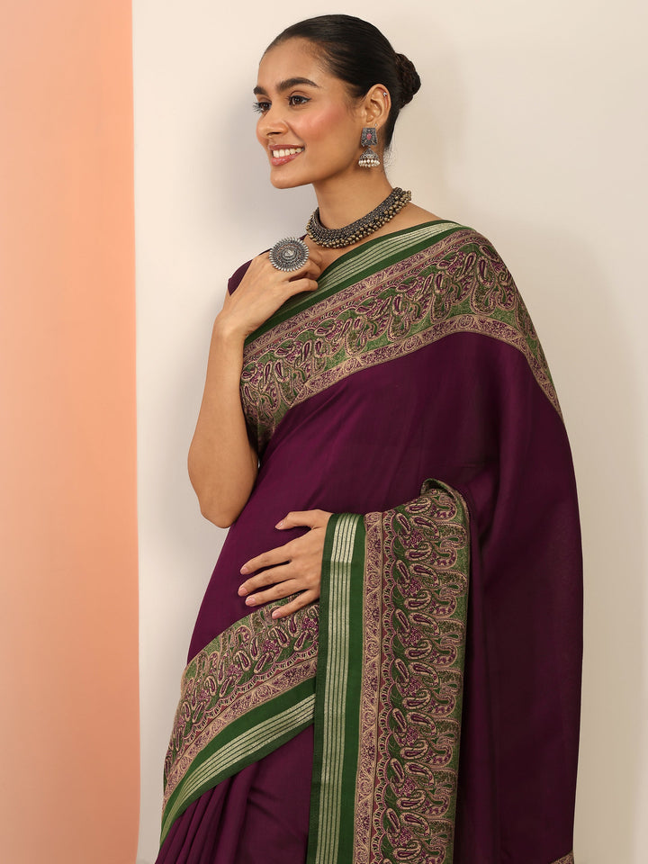 Burgundy Printed Cotton Saree With Unstitched Blouse Piece