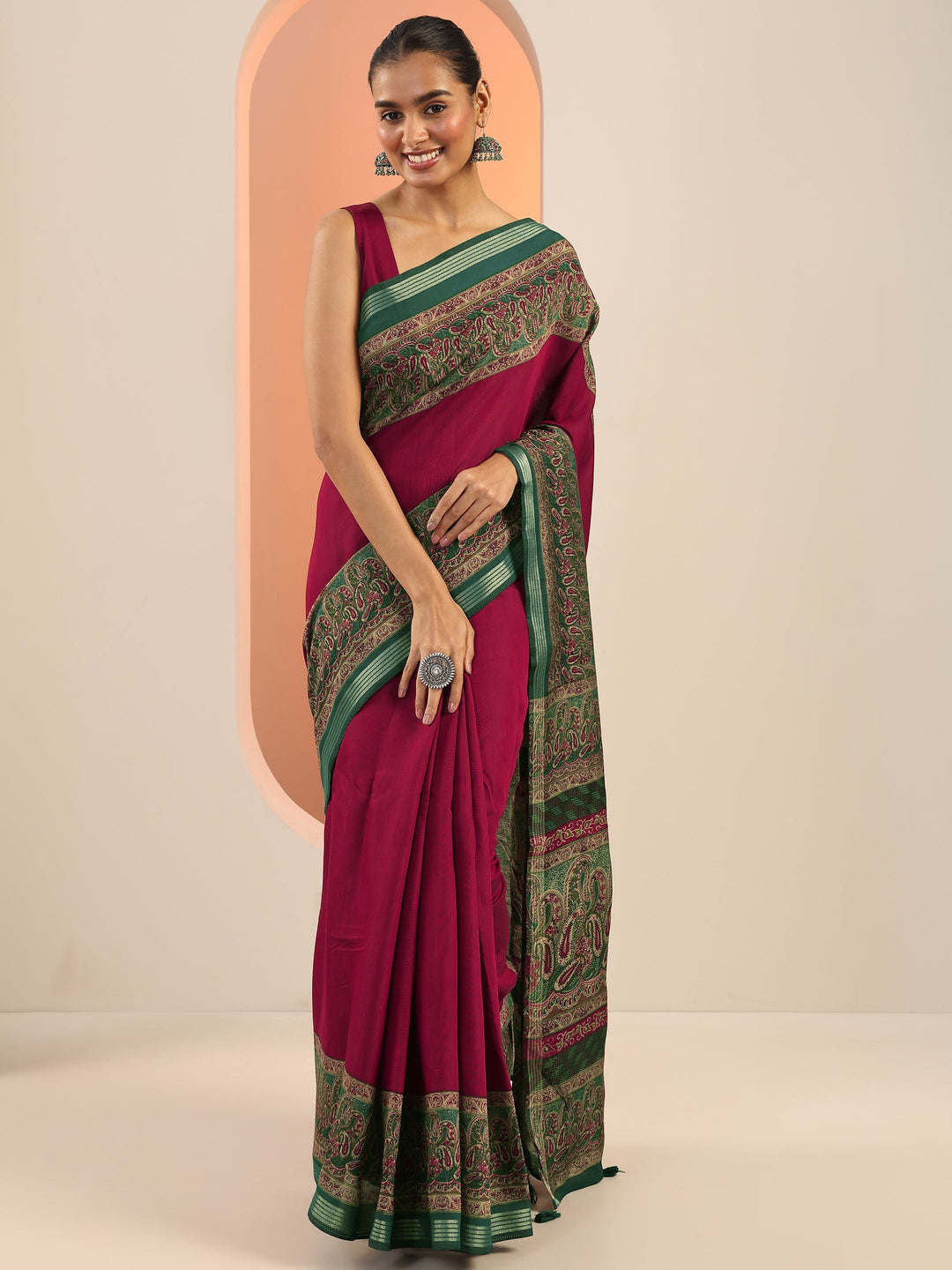 Maroon Printed Cotton Saree With Unstitched Blouse Piece