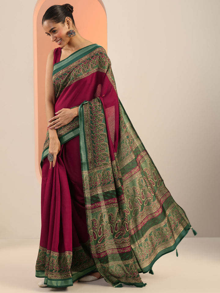 Maroon Printed Cotton Saree With Unstitched Blouse Piece