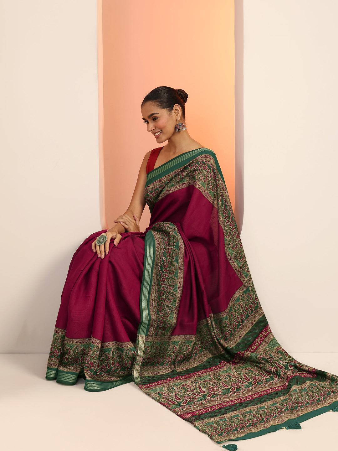 Maroon Printed Cotton Saree With Unstitched Blouse Piece